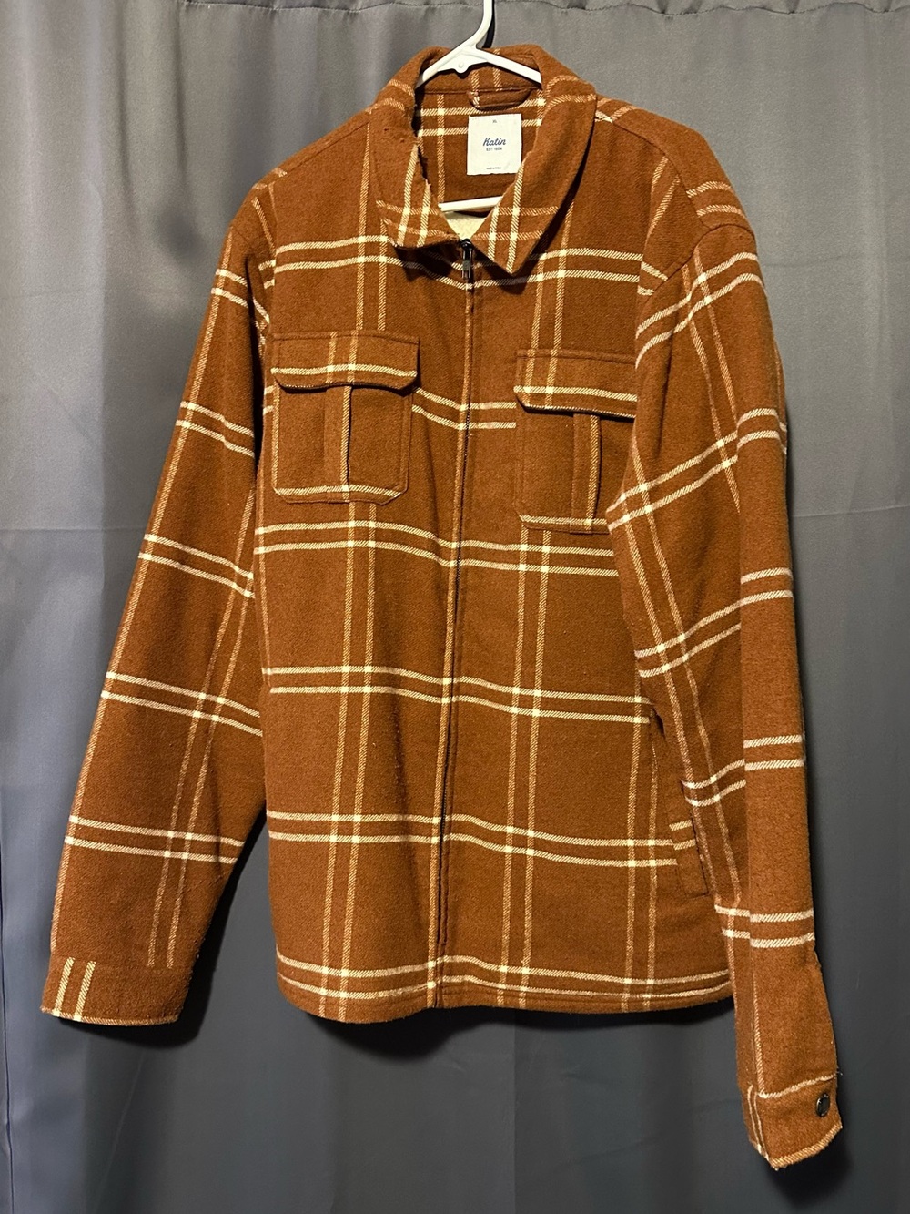 Katin Men’s Crosby Sherpa Zip Plaid Jacket in Rust, XL